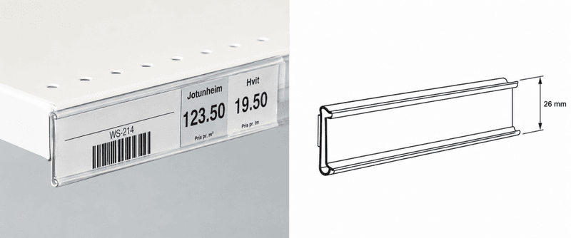 Hyllekantlist for plane underlag 26x885mm transp. 50 stk.